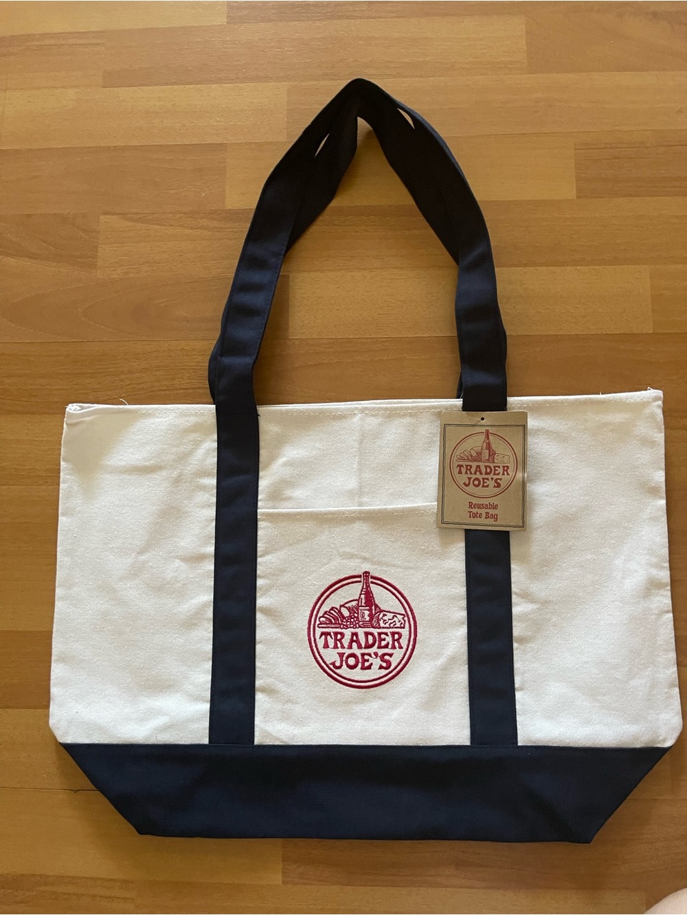Trader Joe's Large White & Navy Canvas Tote Bag with Logo